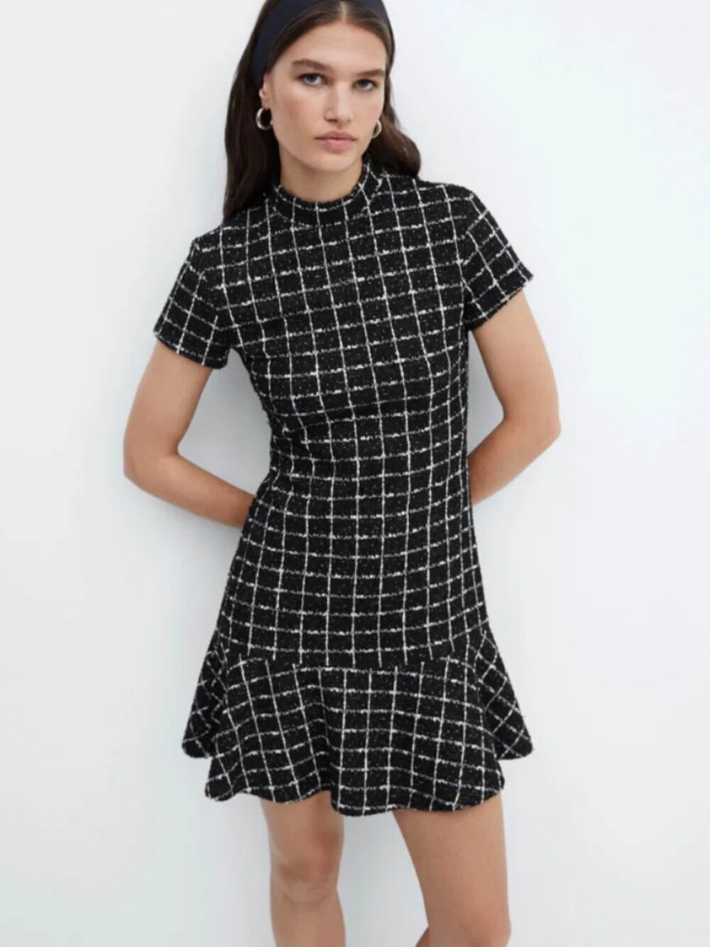 Mango Tweed Black & White Mock Neck Mini Dress